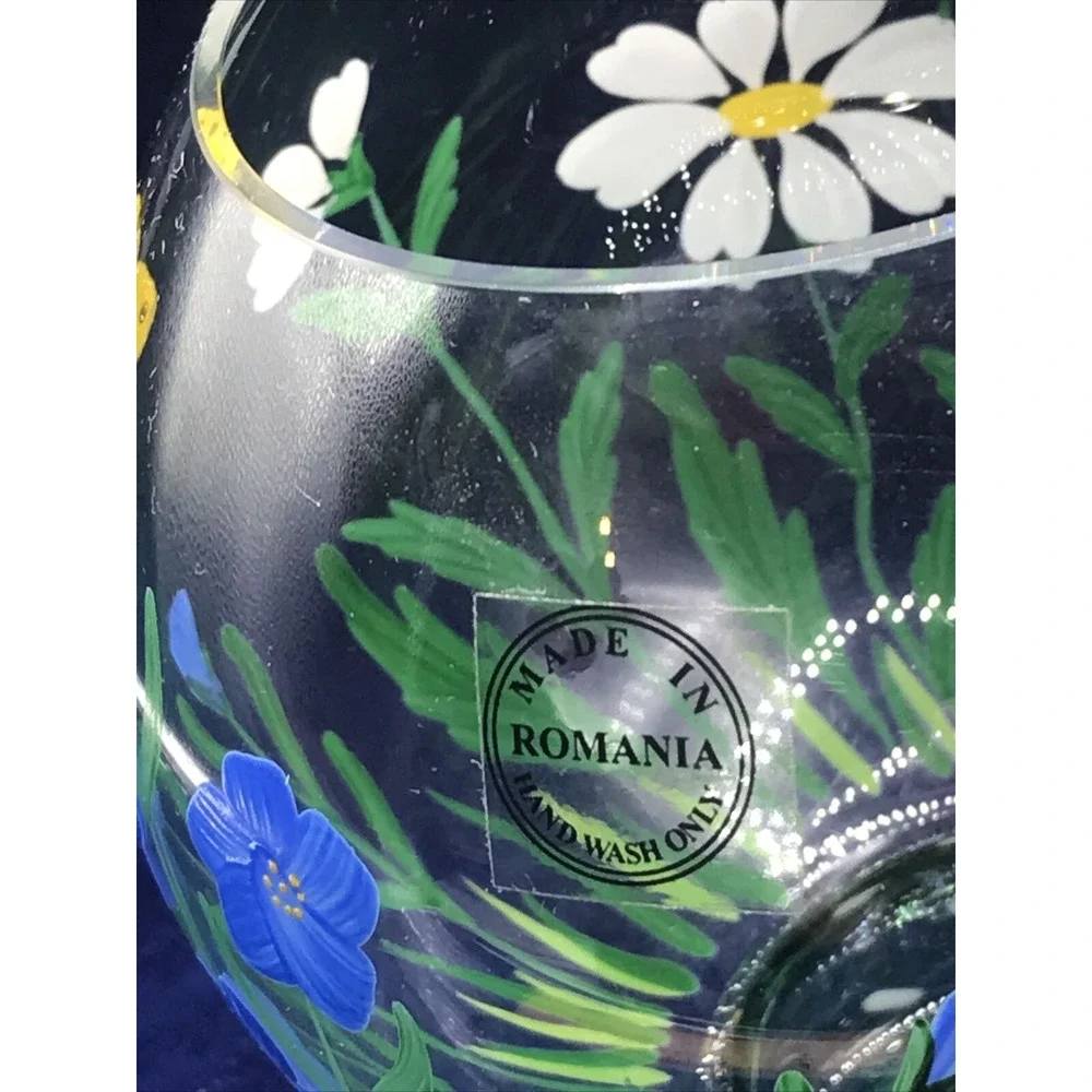 Romania Crystal Art Glass Vase Hand Painted Flowers‎ BEE & BUTTERFLY